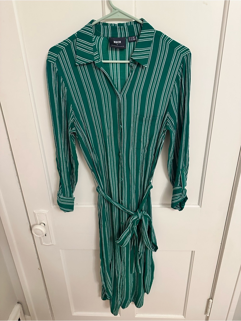MAEVE Anthropologie Green Striped Button-Front Shirt Dress Midi